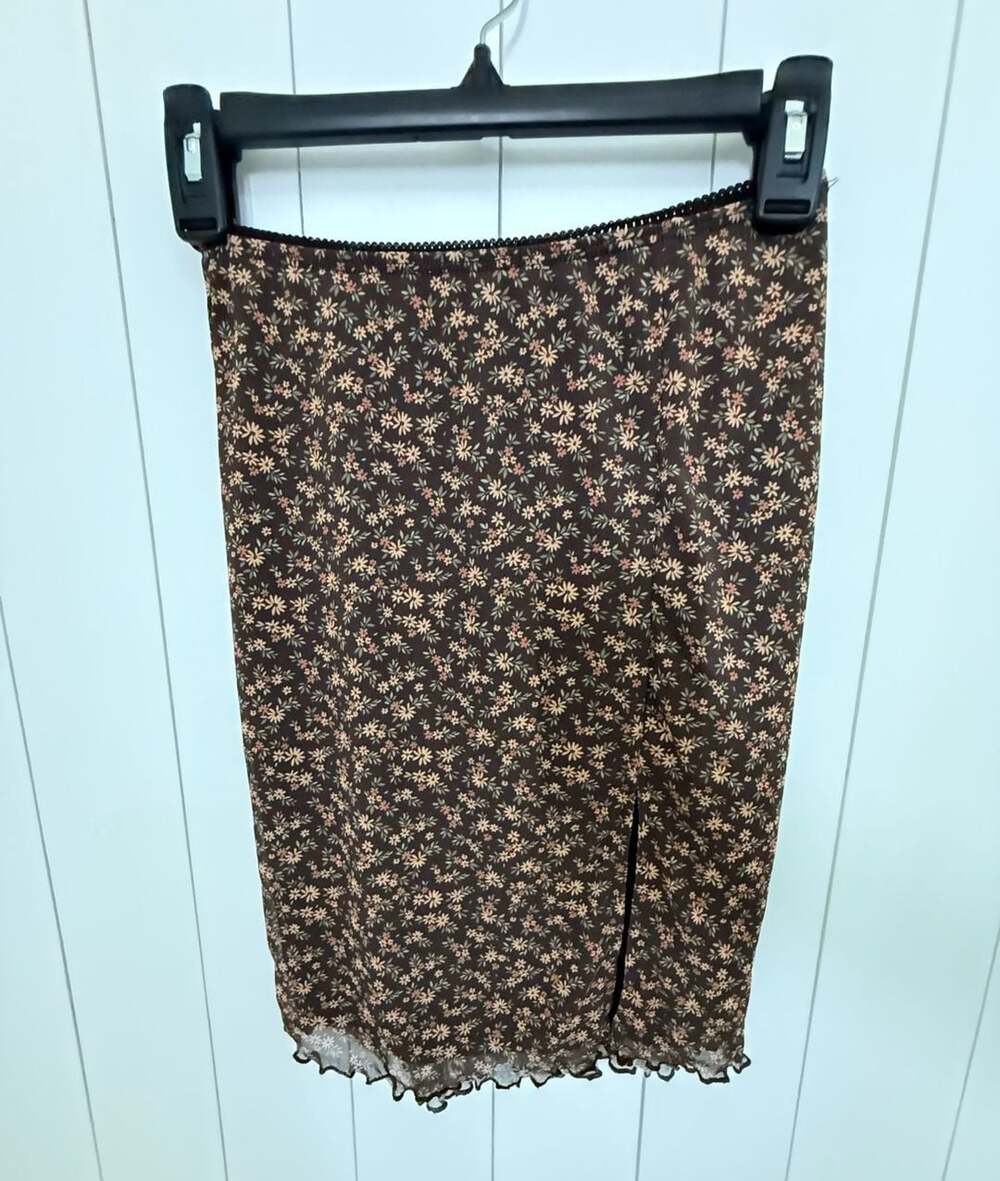 RSQ Floral Midi Skirt Size Medium Brown Mesh Slit Hem